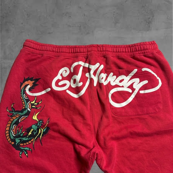 Ed Hardy Mens Red Dragon Skull Flame Graphic Sweat Shorts Size XL - Picture 2 of 4